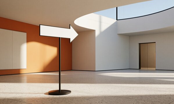 Modern office interior hall with empty arrow direction sign and elevator