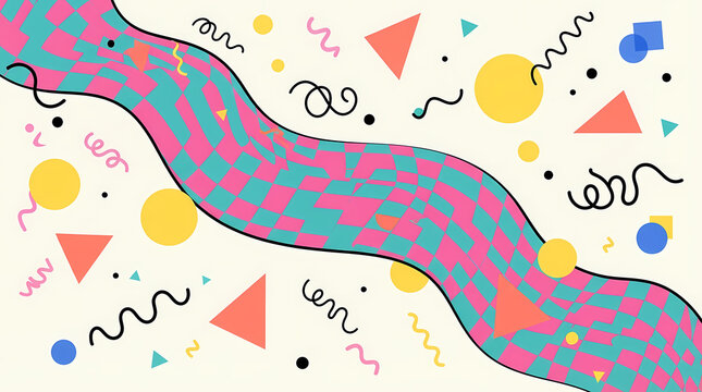 Abstract memphis style background with a wavy checkered pattern and colorful geometric shapes