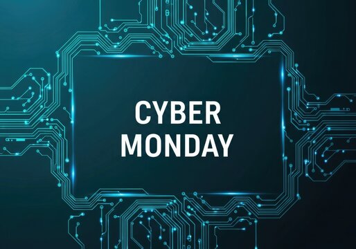 Cyber Monday promotional background with glowing circuit board pattern and digital technology elements