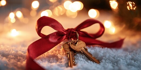 Obraz premium Holiday Gift of New Home Ownership: Keys Tied with Red Ribbon on Snow with Festive Bokeh Lights