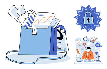 Briefcase with financial charts and a person planning at a desk vector illustration. Data analysis, business strategy, project management, information security, corporate work, productivity. Office © Dmytro