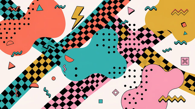 Abstract memphis style background with colorful organic shapes and geometric checkered patterns