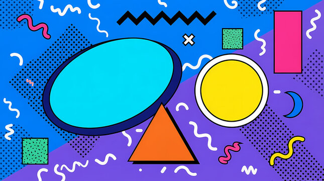 Abstract memphis style background with colorful geometric shapes and squiggly lines on blue backdrop
