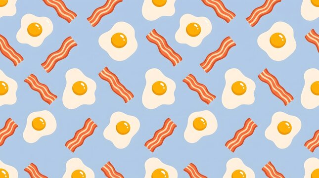 Cute fried eggs and bacon strips pattern background design