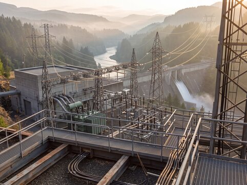 A detailed photograph capturing a high-voltage electrical substation and numerous elevated transmission lines and towers connected to a concrete hydroelectric dam powerhouse,