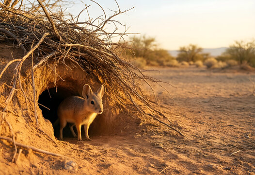 Wildlife conservation and desert ecosystem, small jerboa emerging from burrow in arid landscape at sunset for survival and natural habitat exploration