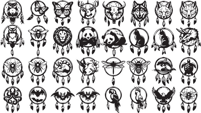 Bohemian dreamcatcher animal icons set, tribal spirit animal vector illustrations, 32 black and white mystical dream catcher symbols for tattoos