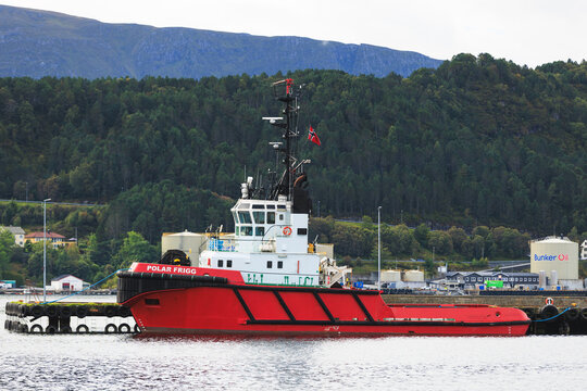Alesund, Norway, September 4, 2026. Polar Frigg tugboat operated by Nortugs is moored in the harbor