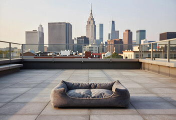 Obraz premium Urban pet lifestyle and luxury living, empty dog bed on a rooftop terrace with city skyline view at sunset for modern apartment pet ownership