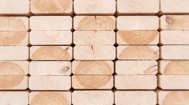 Neatly stacked light pine lumber planks forming a symmetrical pattern for construction projects
