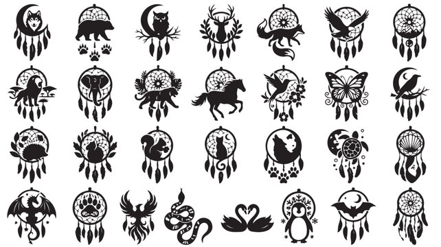 Bohemian dreamcatcher animal silhouettes, set of 28 mystical spirit animal icons, black tribal dream catcher vector illustrations for tattoos and decor