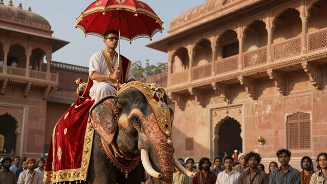 A majestic decorated elephant carries a rider under a red parasol during an ornate ceremonial parade in front of ancient Indian palace architecture.