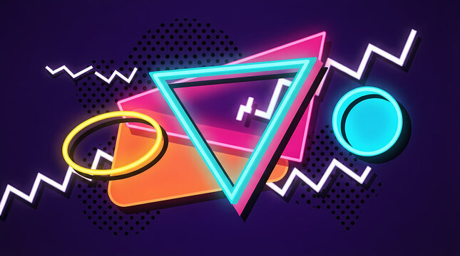 Abstract 80s retro neon geometric shapes and zigzag lines on a dark purple background