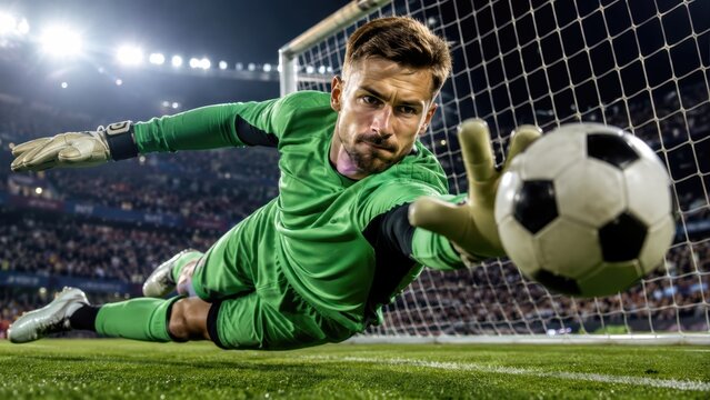 Soccer goalkeeper in green uniform dives to stop a ball in front of the goal net during a night match under bright stadium lights, with a blurred crowd watching from the stands behind him
