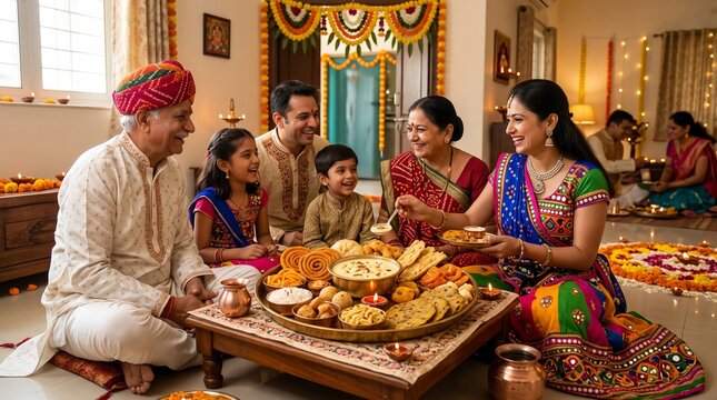 Gujarati family celebrating Bestu Varas (Gujarati New Year) during Diwali