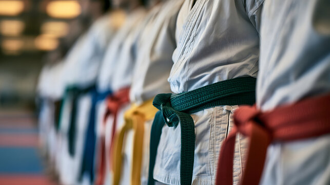 Close up of martial arts practitioners in white uniforms lined up with different colored belts representing rank and skill level in a dojo or gym setting ready for training and practice session today