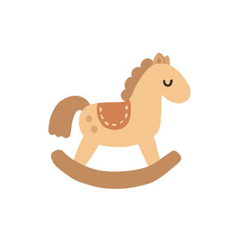 Cute wooden rocking horse with brown saddle illustration PNG clipart isolated on transparent background
