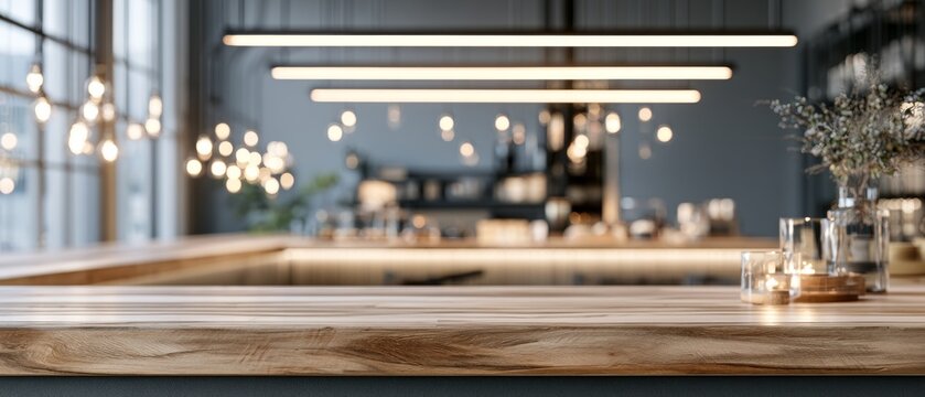 Empty wooden cafe counter with blurred modern interior and warm pendant lighting
