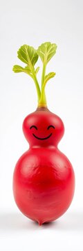 Small red radish with a smiling face and green top, illustration, vegetables