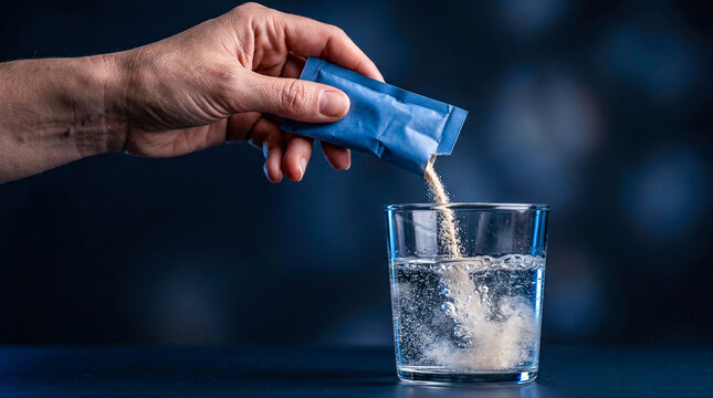 Hand pouring tan powder from blue sachet into glass of water against dark background represents electrolyte supplement hydration therapy and medicine preparation.