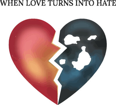 Broken heart love hate contrast vector illustration with jagged split showing emotional transformation between affection and resentment design.