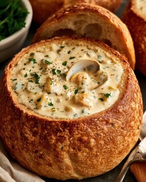 Close-up of New England clam chowder in a sourdough bread bowl, creamy texture, garnished with fresh parsley
