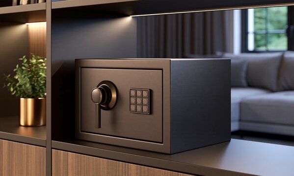 Modern electronic safe box on wooden shelf in luxury living room interior