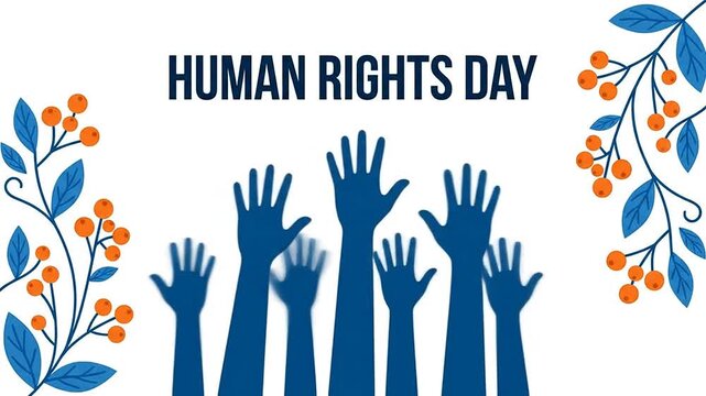 Human Rights Day celebration with raised blue hands and floral frame graphic