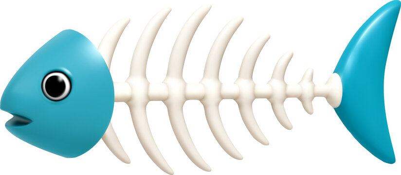 Fish bone skeleton with blue head and tail in 3d