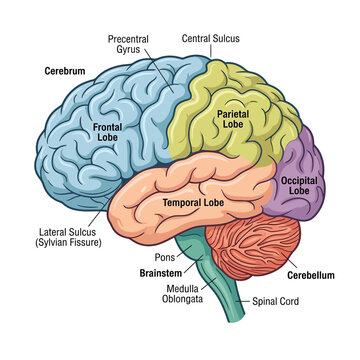 Labeled human brain anatomy diagram with color coded lobes