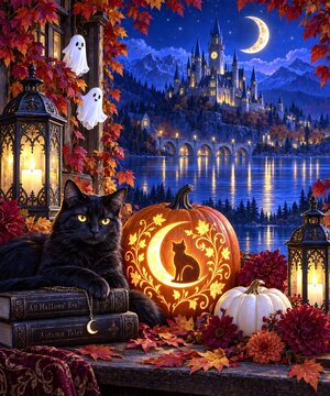 黒猫とかぼちゃランタンと古城が輝く幻想的なハロウィンの秋夜