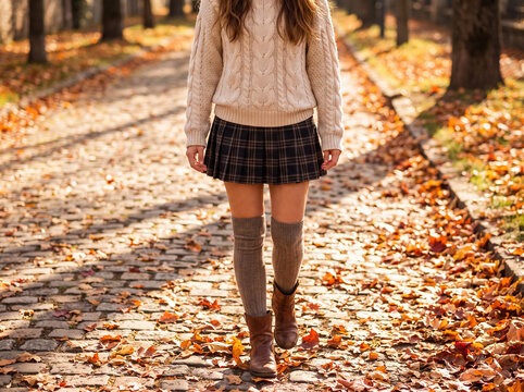 Woman in a cozy knit sweater and plaid skirt walking on a sunny autumn path, surrounded by vibrant fallen leaves