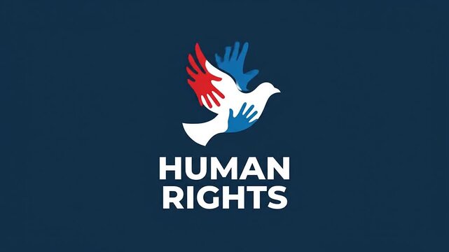 Human rights logo featuring a white dove with colorful hand wings on blue background