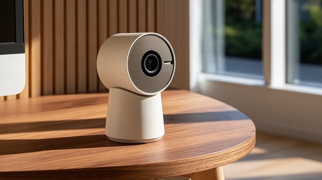 Modern smart home security camera on wood table in bright interior room