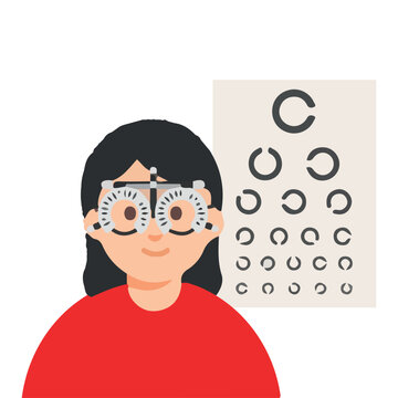 Eye exam vector illustration featuring a woman wearing trial frame glasses undergoing a vision test next to a Landolt C