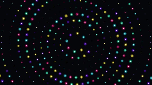 High-definition seamless glowing neon dot background loop featuring sacred neon dot ring mandala burst with vibrant cyberpunk color aesthetics. Ideal for VJ visuals, concert backdrops, digital art,