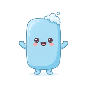 Cute Kawaii Blue Bar of Soap or Ice Cube Character Mascot Smiling with Bubbles Vector Illustration Isolated 