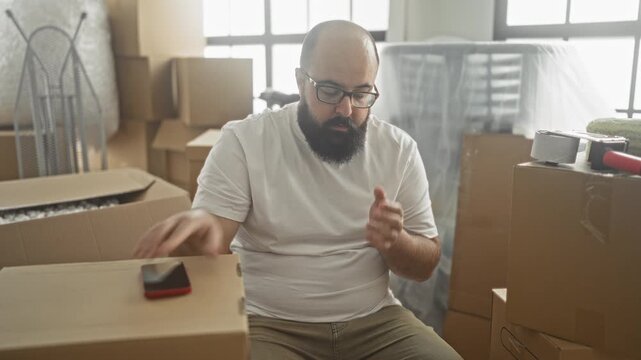 Man covering his face with hands, seated among stacked cardboard boxes, smartphone on a box and tape nearby, inside a building; moving stress.