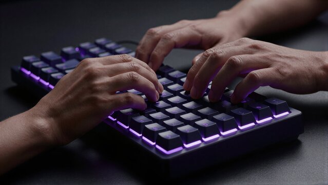 Hands type on glowing purple keyboard under dim lighting.