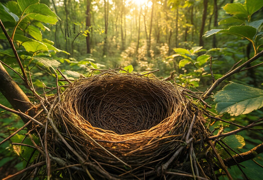 New beginnings and home concept empty bird nest in a forest at sunrise with soft golden light for growth family planning and environmental nature