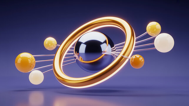 A 3D featuring a central metallic sphere surrounded by a golden ring and connected to smaller yellow and white spheres by thin rods, set against a dark purple background, with soft lighting