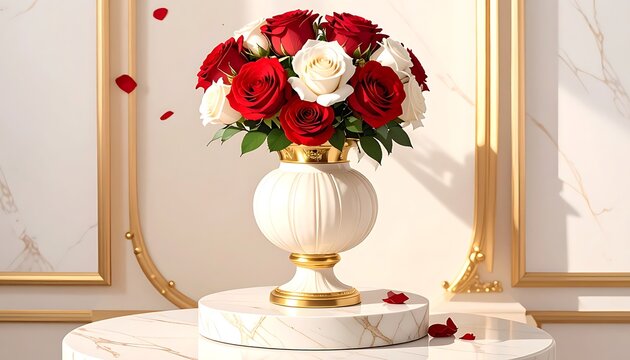Bouquet of red and white roses in a decorative white vase on marble table
