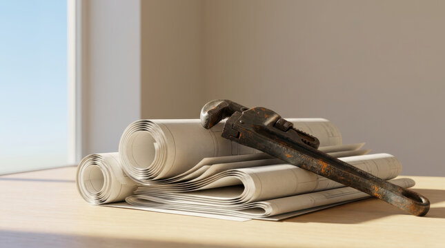 Architectural drawing rolled blueprint metal tool paper plan construction design resting on wooden table