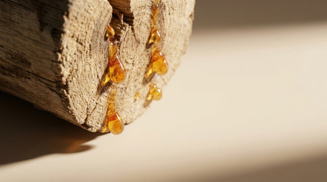 Amber resin bead on weathered wood in warm sunlight creates natural abstract macro scene with rich texture and shadow