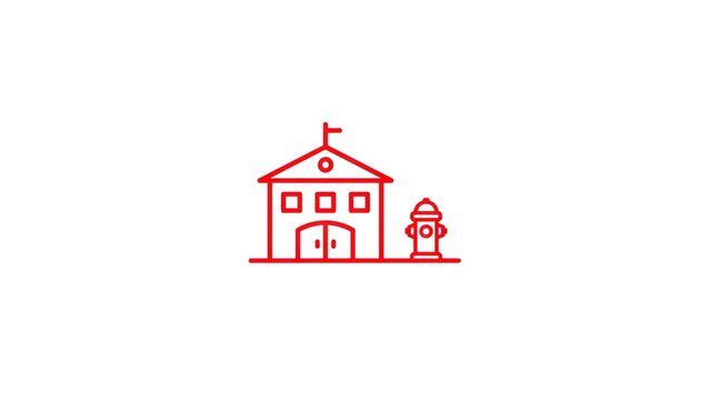 Red line icon of a fire station building with a hydrant