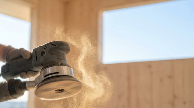 Power sander wood dust workshop interior creates dynamic atmosphere