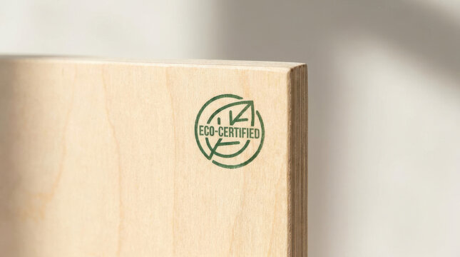 Close up of eco certified stamp on raw blonde wood panel with natural grain and sustainable material message