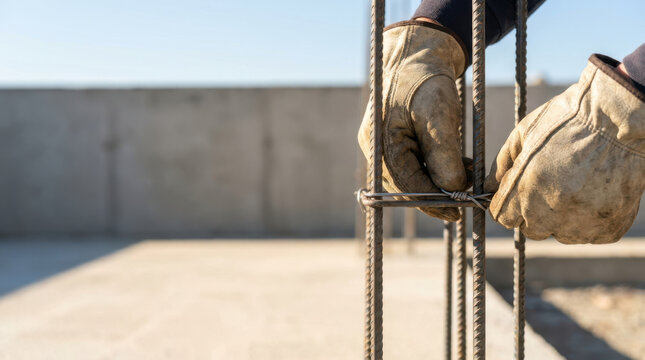 Close up gloved hands precisely tying wire around steel reinforcement on bright concrete construction site