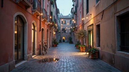 Fototapeta premium Cobblestone alleyway with hanging string lights at dusk