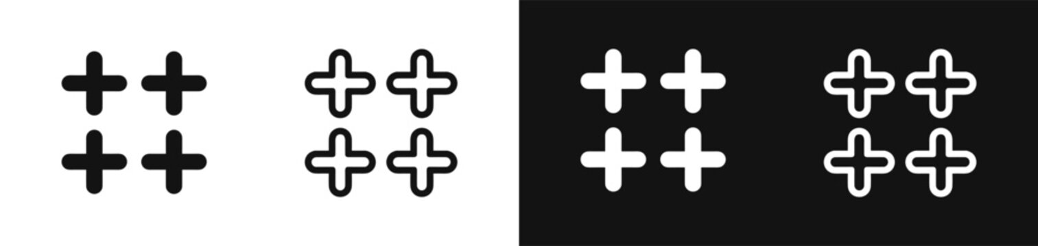 Plus sign grid icon set representing sparkle addition and stovetop burner symbol